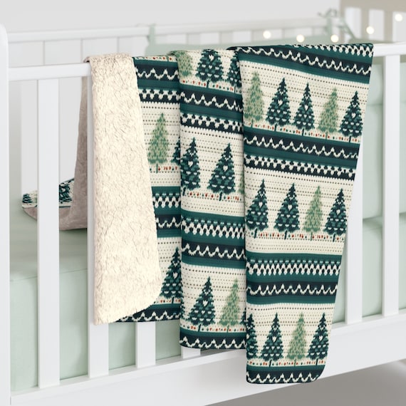 Cozy Sherpa Fleece Blanket Green Blue Christmas Tree Pattern Scandinavian Home Design Nordic Decor Throw Blanket 2 SIZES