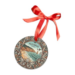 ALGARVE PORTUGAL Coastal Portuguese Landscape Round Acrylic Ornament with Red Ribbon, Art Nouveau Style Christmas Tree Ornament Holiday Gift image 3