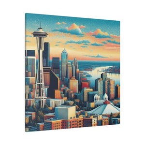 SEATTLE WASHINGTON City Skyline Port Travel 0.75&quot; Stretched Matte Canvas Watercolor Wall Art Eco Friendly Home Decor 3 Sizes