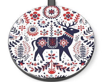 Wireless Phone Charger iPhone Android Compatible Nordic Folk Art Deer Scandinavian Decor