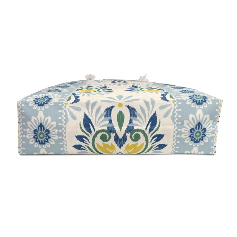 24x13 Polegada saco de fim de semana de poliéster fiado azul e amarelo floral padrão étnico saco de praia boho sacola t-bottom corda alça bolsa imagem 4