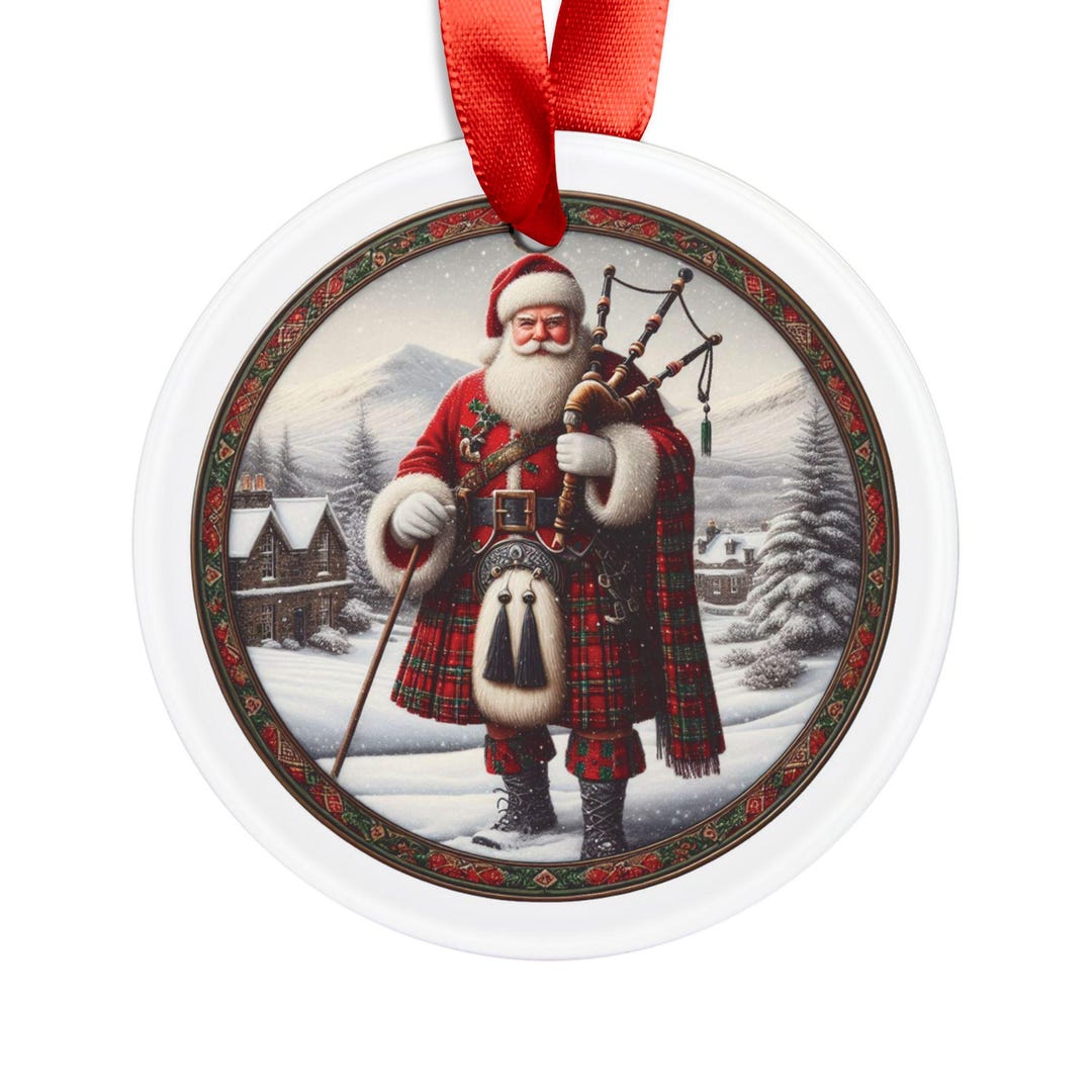 Scottish Santa With Bagpipe, Scotland Inspired Round Acrylic Ornament ...