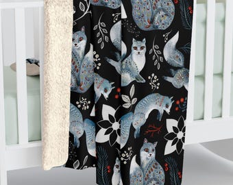 Nordic Fox Floral Folk Art Pattern, Cozy Sherpa Fleece Blanket, Scandinavian Couch Throw, Warm Blanket Gift, Hygge Home Decor