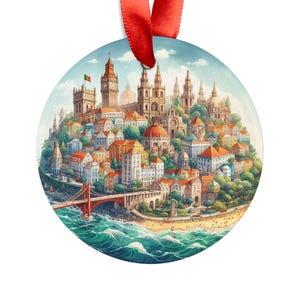 Adorno acrílico redondo con monumentos de Portugal, regalo personalizado, adorno para árbol de Navidad personalizado