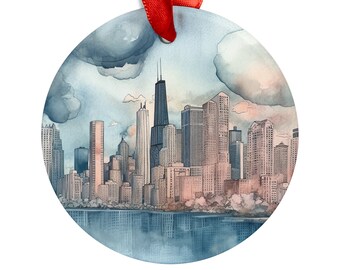 CHICAGO ILLINOIS City Skyline View, American USA Travel Round Acrylic Ornament, Personalized Gift, Christmas Tree Ornament, Holiday Decor