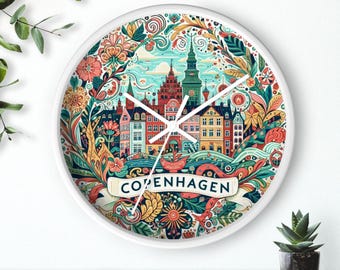 Copenhagen Denmark Wall Clock, Danish Travel, 10 Inch Round Wood Timepiece, Home Decor, Gift for Travel Lovers, Wall Art Decor