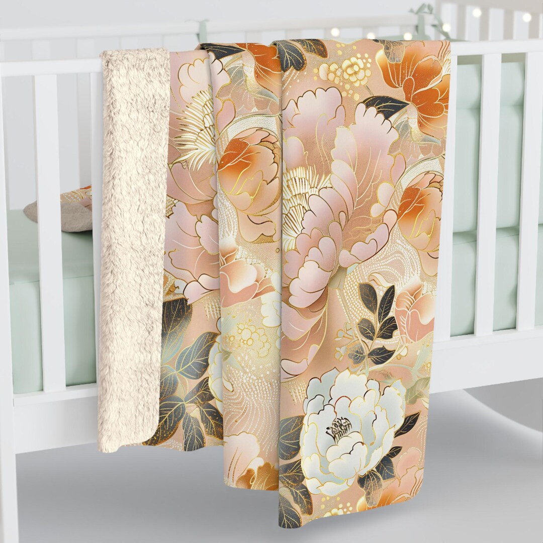 Japanese Pattern Throw Japanese Floral Pattern, Cozy Sherpa Fleece Blanket, Soft Couch Throw ...