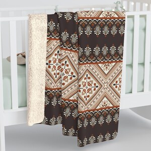 Brown Palestinian Geometric Pattern, Cozy Sherpa Fleece Blanket, Ethnic Couch Throw Blanket