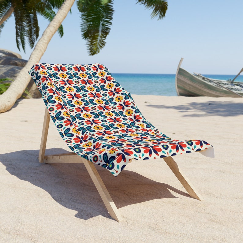 Toalla de playa con estampado floral mexicano colorido inspirado en México, toalla de poliéster y algodón con respaldo de bucle, toalla pesada de DOS TAMAÑOS 30" × 60"