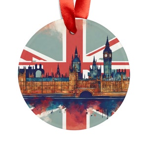LONDON ENGLAND City Skyline, UK Travel White Acrylic Ornament, Personalized Gift, Christmas Tree Ornament, Holiday Decoration