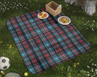 Blauw Schots Tartan Plaid Patroon 61" x 51" Polyester Fleece Picknickdeken met draagriem Outdoor Waterbestendig Oxford Doek Achterkant