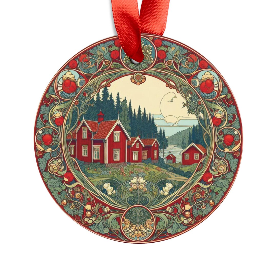 SWEDEN Red Stuga Houses in Swedish Landscape, Round Acrylic Ornament ...