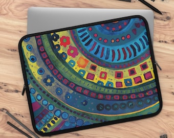 Boho Funky Geometric Pattern Neoprene Padded iPad Case Tablet Laptop Sleeve Water Resistant Dual Zipper 5 Sizes Travel Tech Accessory
