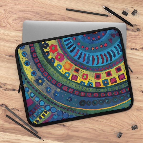 Boho Funky Geometric Pattern Neoprene Padded iPad Case Tablet Laptop Sleeve Water Resistant Dual Zipper 5 Sizes Travel Tech Accessory