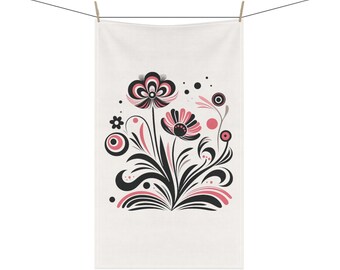 Pink and Black Nordic Style Flowers 18 x 30 Inch Kitchen Tea Towel Cotton Twill Polyester Towel Floral Home Decor Housewarming Gift