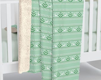 Grüne Fair Isle Nordisch inspirierte Muster, Sherpa Fleece Decke, Weicher Couch Überwurf, Skandinavischer Stil, Wohnkultur Geschenk