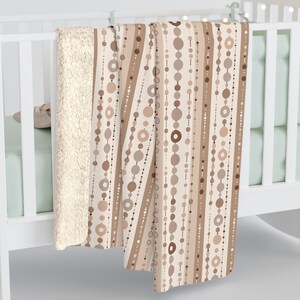 Cozy Sherpa Fleece Blanket Neutral Beige Brown Circles Dots and Stripes Pattern Boho Home Decor TWO SIZES Couch Sofa Throw Blanket