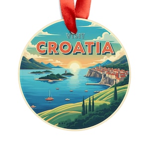 Visit Croatia - Retro Travel Style - Round Acrylic Ornament - Personalized Gift - Holiday Decor - Travel Souvenir