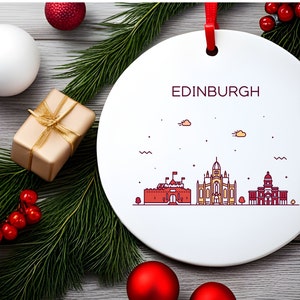 Adorno de acrílico blanco con silueta de la ciudad de Edimburgo, Escocia, regalo personalizado, adorno para árbol de Navidad, decoración navideña