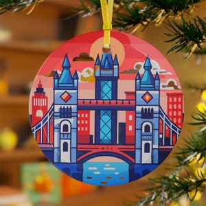 LONDON ENGLAND City Skyline English Travel 3.5" Round Beveled Clear Glass Ornament with Gold Ribbon Christmas Tree Ornament Holiday Gift