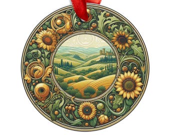 TOSCANI ITALI, Toscaans landschap Italiaans rond acrylornament, gepersonaliseerde art-nouveaustijl kerstboomornament, decor vakantiecadeau
