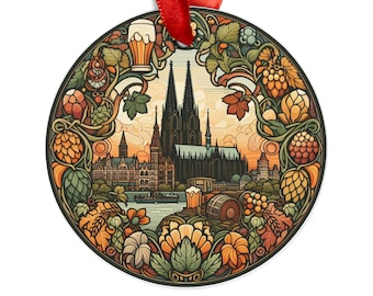 COLOGNE GERMANY City Skyline, German Round Acrylic Ornament, Personalized Gift, Art Nouveau Style, Christmas Tree Ornament, Holiday Decor