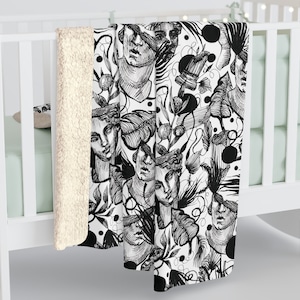 Cozy Sherpa Fleece Blanket GREECE Travel Greek Gods Black and White Abstract Pattern Home Decor Throw Blanket Gift 2 SIZES