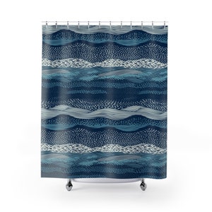 Doccia in poliestere da 71 x 74 pollici, design astratto con motivo a onde d&#39;acqua blu, decorazione per il bagno