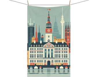 May include: A colorful illustration of the Hamburg skyline, featuring the city's iconic buildings, including the Town Hall, the St. Michaelis Church, and the Elbphilharmonie. The illustration is set against a light blue background and includes a river with white lines representing water.