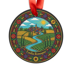 May include: Round ornament with a colorful illustration of the Emilia-Romagna region in Italy. The design features a river, rolling hills, a town, and a border of flowers and grapes. A red ribbon is attached for hanging.