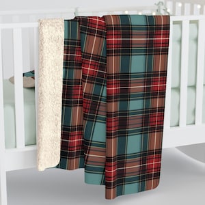 Teal and Red Scottish Tartan Plaid Pattern, Cozy Sherpa Fleece Blanket, Couch Throw Blanket, Home Decor Gift