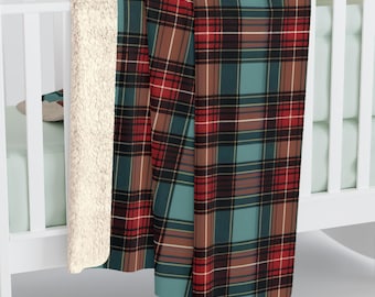 Manta de forro polar Sherpa acogedora con estampado de cuadros escoceses en verde azulado y rojo, manta para sofá, regalo de decoración del hogar