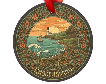 May include: Round ornament featuring a coastal scene with a lighthouse, sailboat, and ocean waves. The design is framed by an ornate border with floral accents. The text "Rhode Island" is displayed at the bottom. A red ribbon is attached for hanging.