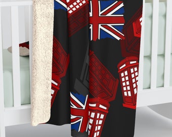 Cozy Sherpa Fleece Blanket UK Union Jack Flag Red British Telephone Booth Pattern England Home Decor Throw Blanket Gift 2 SIZES