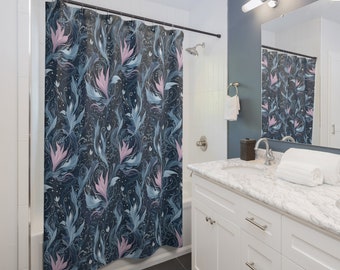 May include: A blue and pink floral shower curtain with a white background. The curtain has a repeating pattern of stylized flowers and leaves.