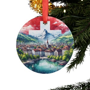 SWITZERLAND Landscape, Swiss Travel Round Acrylic Ornament, Personalized Gift, Custom Christmas Tree Ornament
