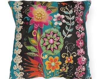 Outdoor Pillow Mexican Boho Floral Folk Art Pattern UV Ray Water Resistant Porch Pillow Patio Cushion Mexico Backyard Home Decor 3 SIZES
