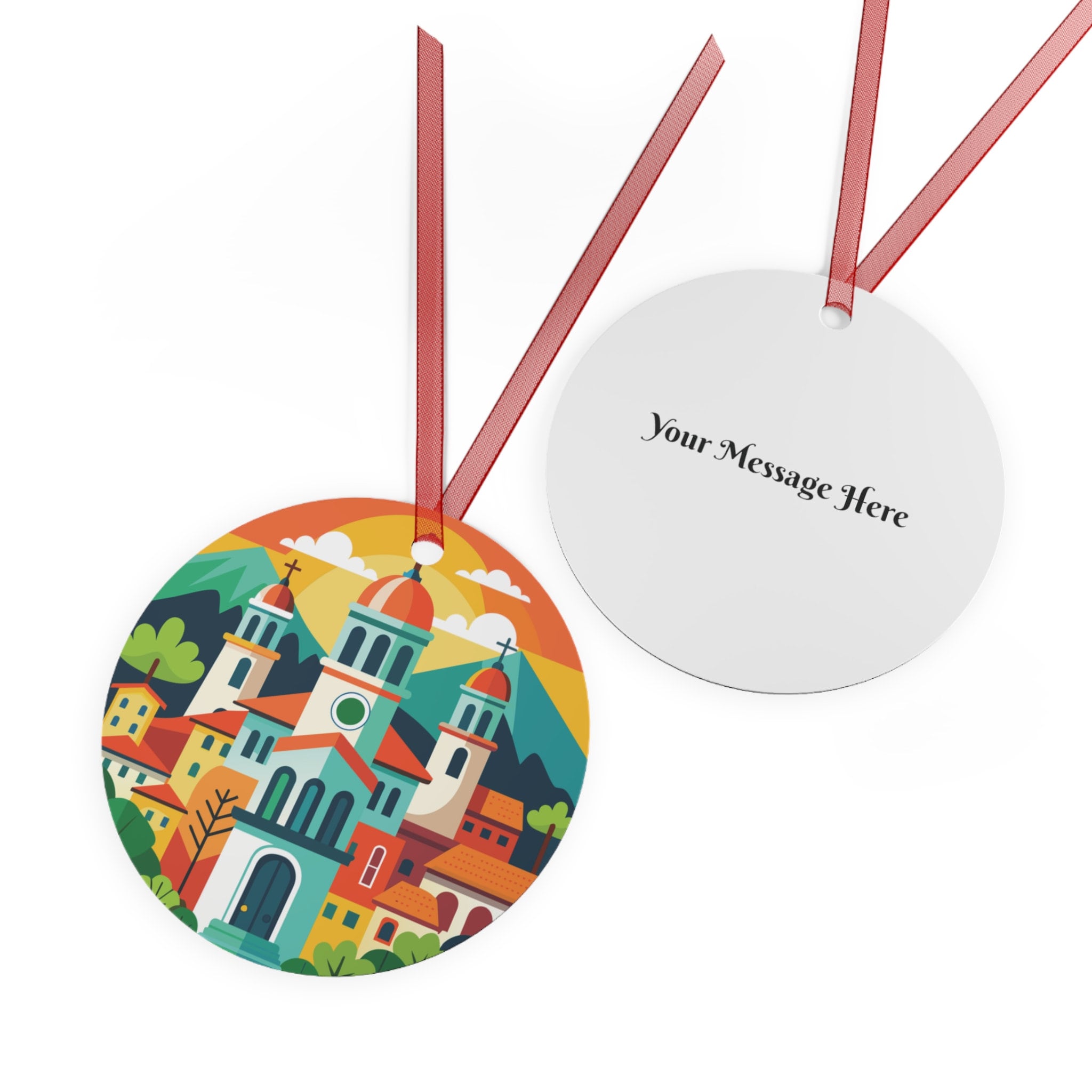 Personalisierte SANTIAGO CHILE Stadt Skyline chilenischen Reise 3,5 "runden Metall Ornament mit rotem Band Weihnachtsbaum Dekor Kundenspezifisches Feiertagsgeschenk