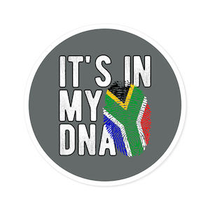 May include: A grey circle with white text that reads "It's in my DNA" and a fingerprint design in the colours of the South African flag.