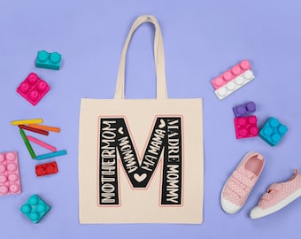 PERSONALIZED Mother's Day Capital M Mama Mom Graphic Custom Gift 15 x 16 Inch Natural Cotton Canvas Tote Bag Shopping Bag Book Bag