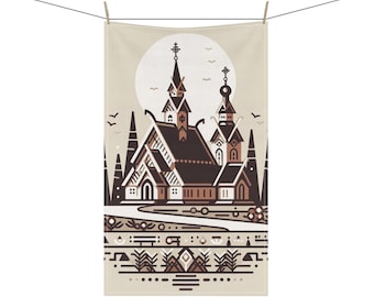 May include: A stylized illustration of a church with a brown roof and white walls, set against a beige background with a full moon. The church has two towers with crosses on top. The illustration is surrounded by a border of geometric shapes and patterns.