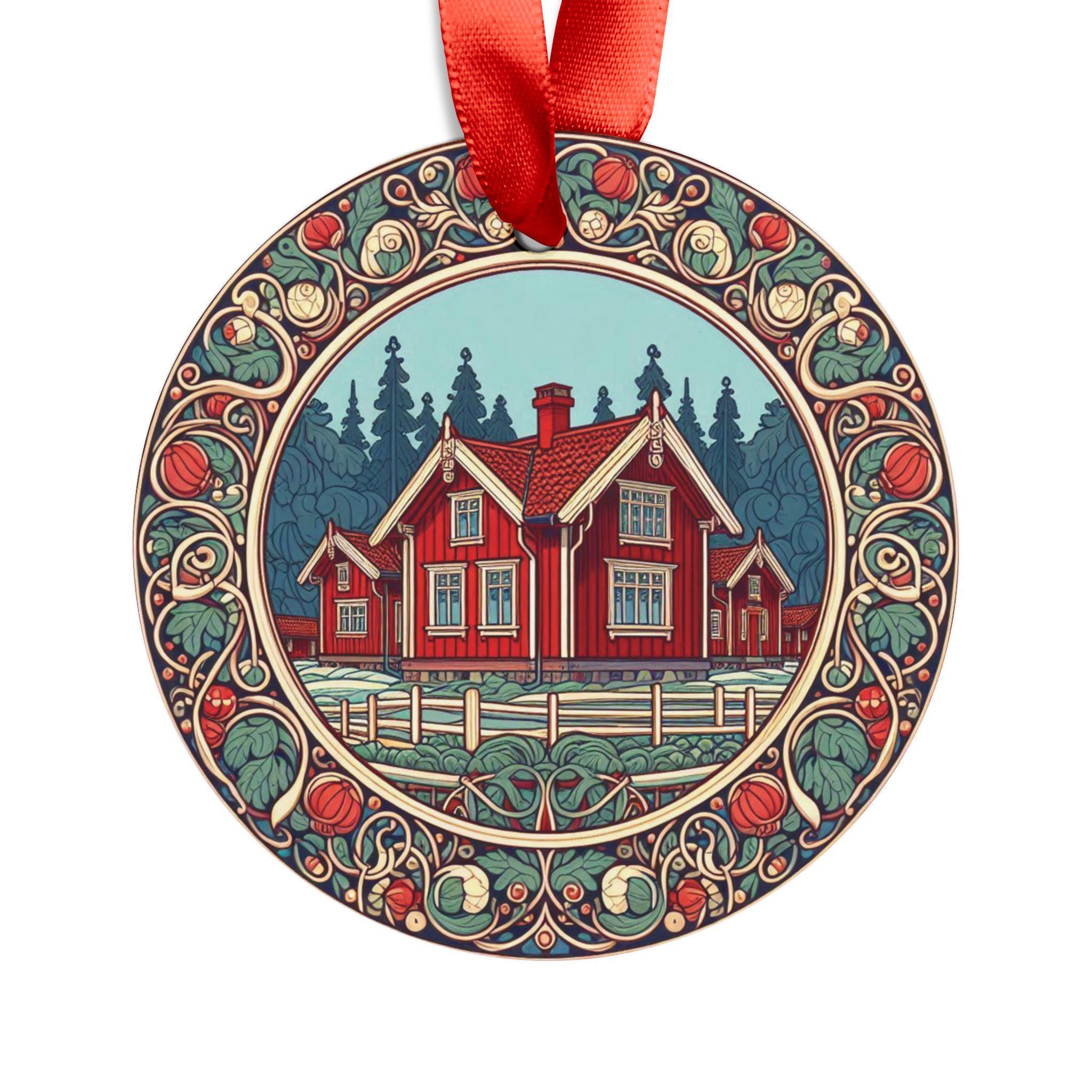 Stuga Decor SWEDEN Swedish Red Stuga House, Round Acrylic Ornament, Personalized ...