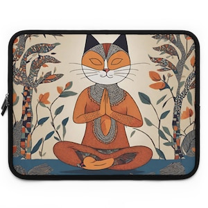 YOGA CAT Folk Art Style Pattern Neoprene Padded iPad Case Tablet Laptop Sleeve Water Resistant Dual Zipper 5 Sizes