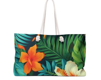 Weekendtas van 24 x 13 inch, gesponnen polyester, Hawaiiaanse hibiscusbloem, Hawaiiaanse bloemen, grafische strandtas Draagtas, handtas met touwhandvat