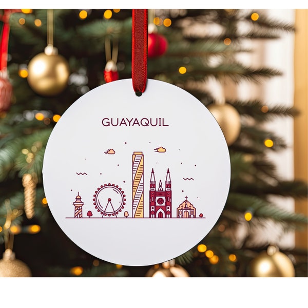 GUAYAQUIL ECUADOR City Skyline Illustration Ecuadorian Travel White Acrylic Ornament with Red Ribbon Christmas Tree Ornament Holiday Decor