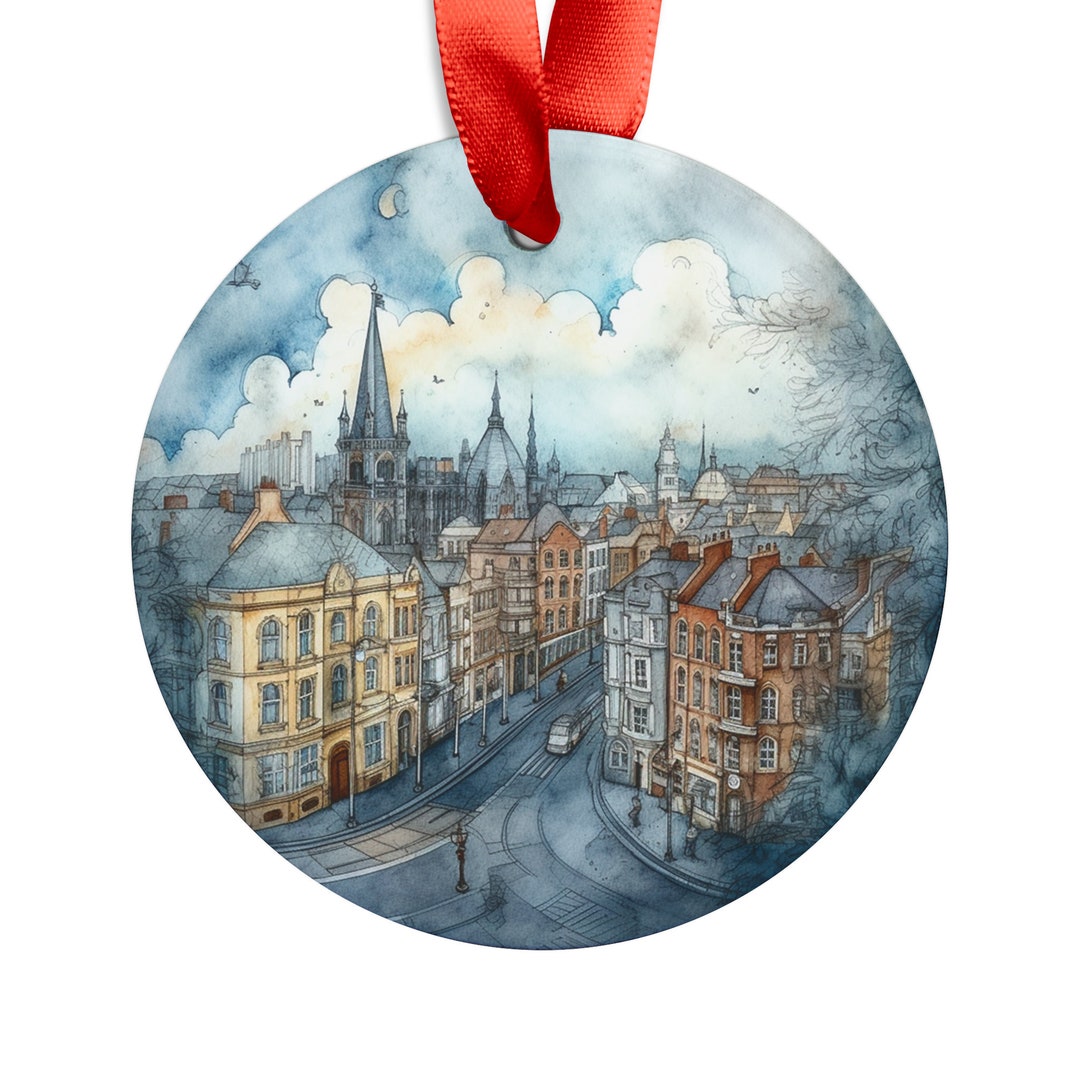DUBLIN IRELAND City View Irish Travel Acrylic Ornament With Red Ribbon