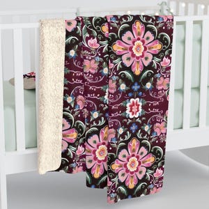 Plum Norwegian Rosemaling Folk Art Pattern, Cozy Floral Sherpa Fleece Blanket - Soft Throw for Home, Scandinavian Decor, Holiday Gift
