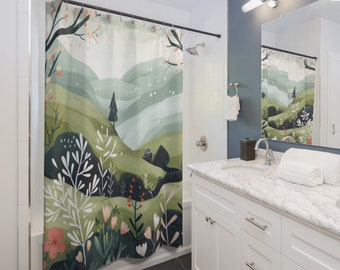 Scandinavian Landscape Flowers Floral Folk Art Design Polyester Fabric 71 x 74 Inch Shower Curtain Nordic Bathroom Decor Housewarming Gift