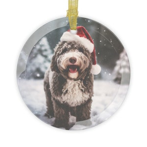 SPANISH WATER DOG Breed Winter Hat Christmas Tree Clear Glass 3.5 Inch Round Beveled Edges Ornament Holiday Decor
