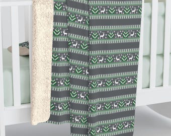 Graue Fair Isle Nordisch inspirierte Muster, Sherpa Fleece Decke, Warmer Couch Überwurf, Skandinavischer Stil, Wohnkultur Geschenk